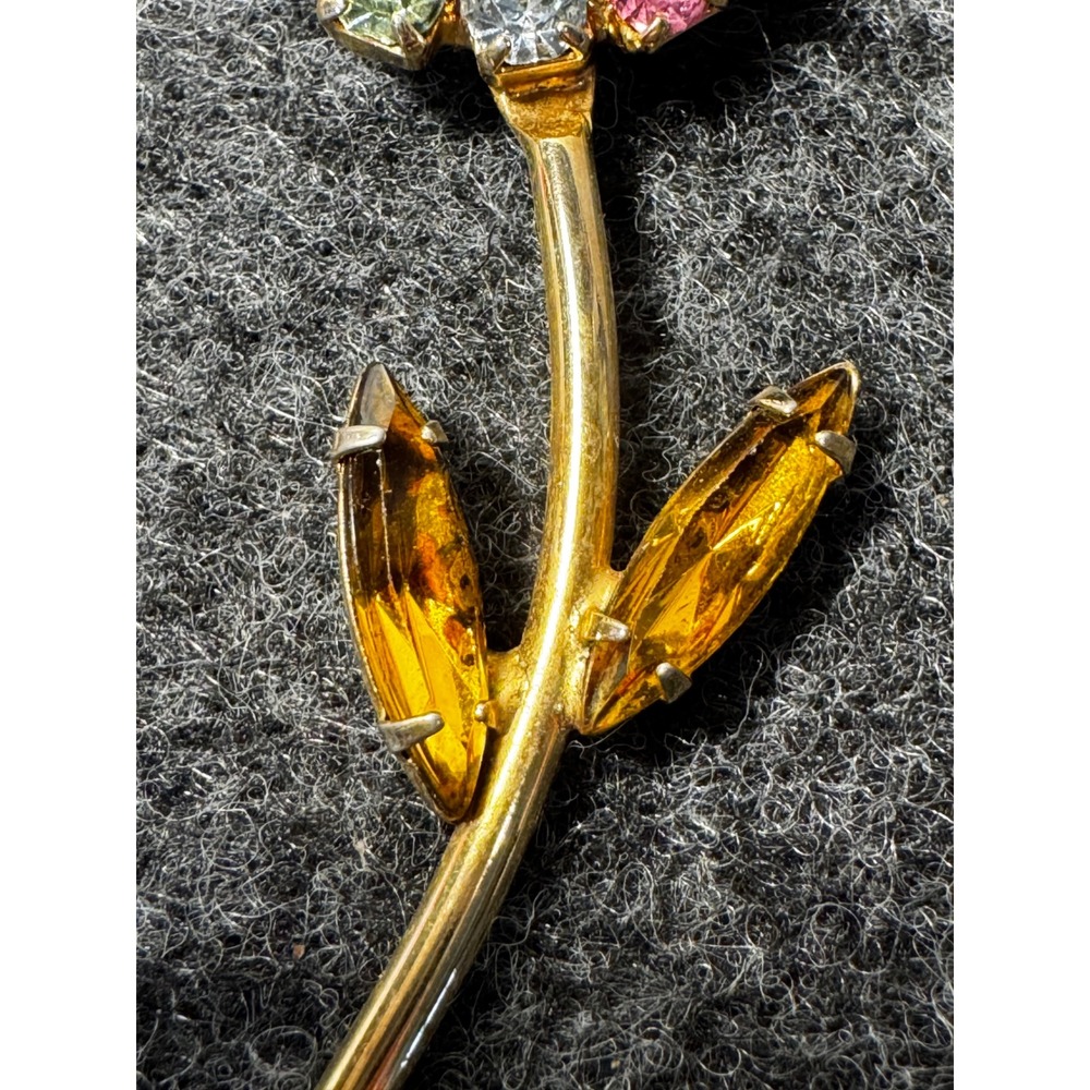 Vintage Gold Tone Sunflower Rhinestone Brooch Yellow Amber Floral Stem Pin 2.5" - Picture 3 of 6